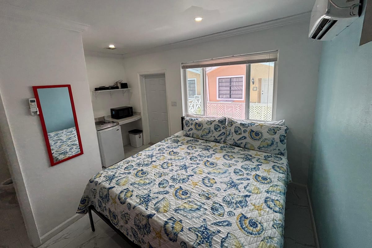 Une chambre comprenant un lit, un miroir, un petit bureau, un four à micro-ondes et un appareil de climatisation.