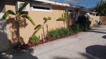 A residential building with a beige exterior, a gravel driveway, and a row of banana plants along the side.