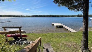 A lakeside view with a dock, a picnic table, and a bench.