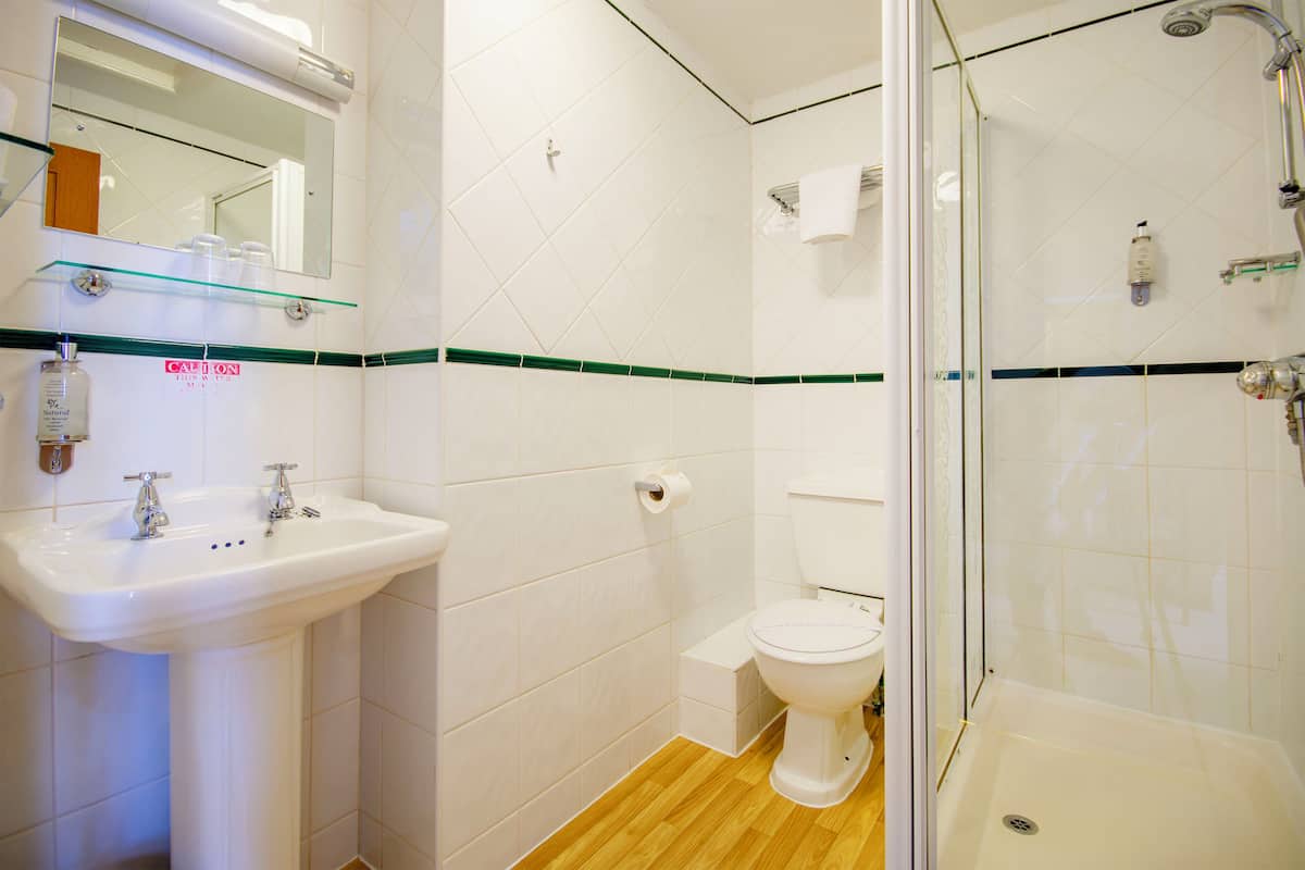 A bathroom with a sink, toilet, and glass-enclosed shower.