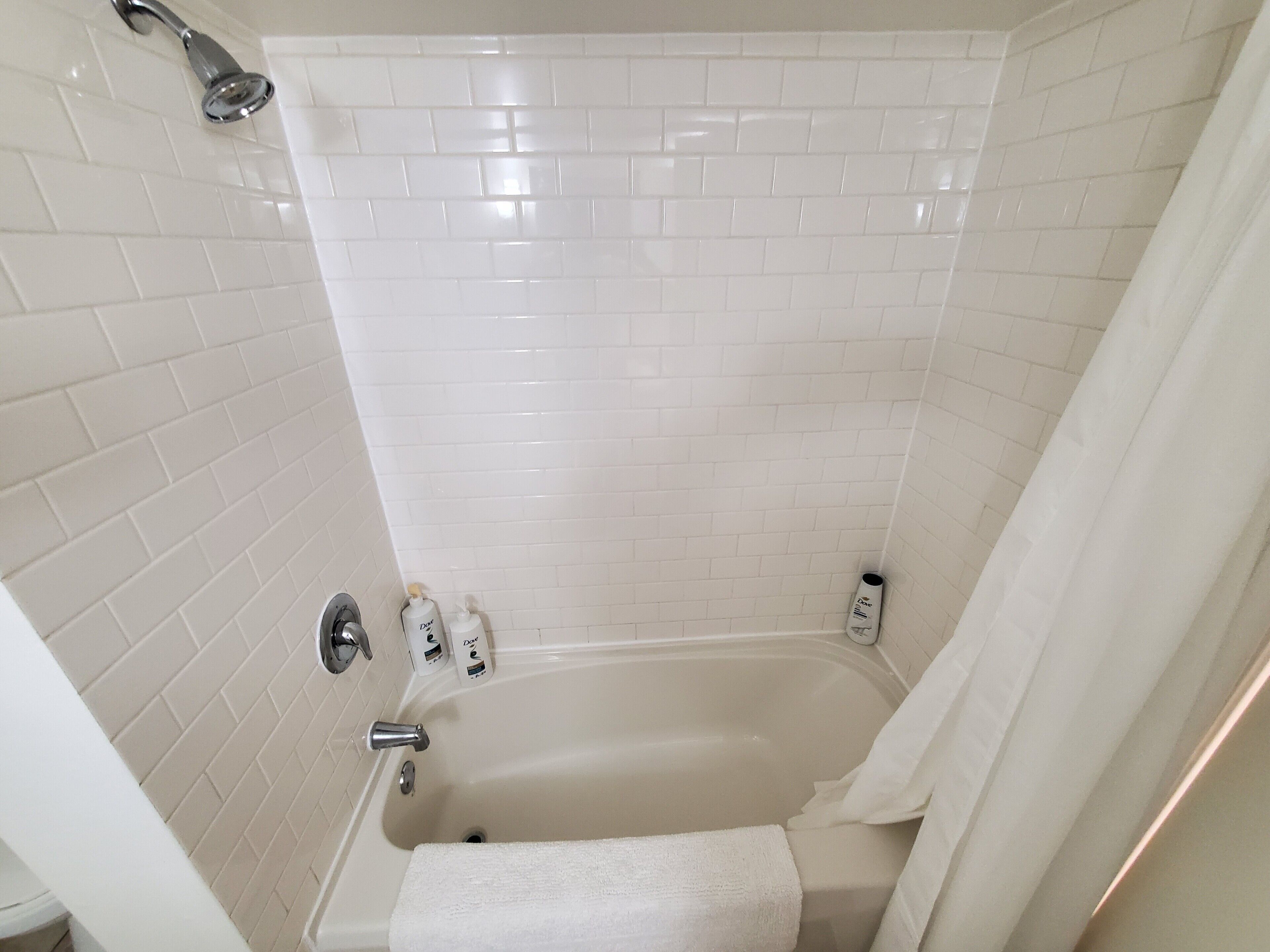 Hair dryer, towels, soap, shampoo