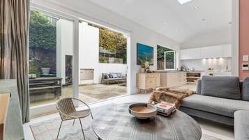 TV, fireplace, books, stereo