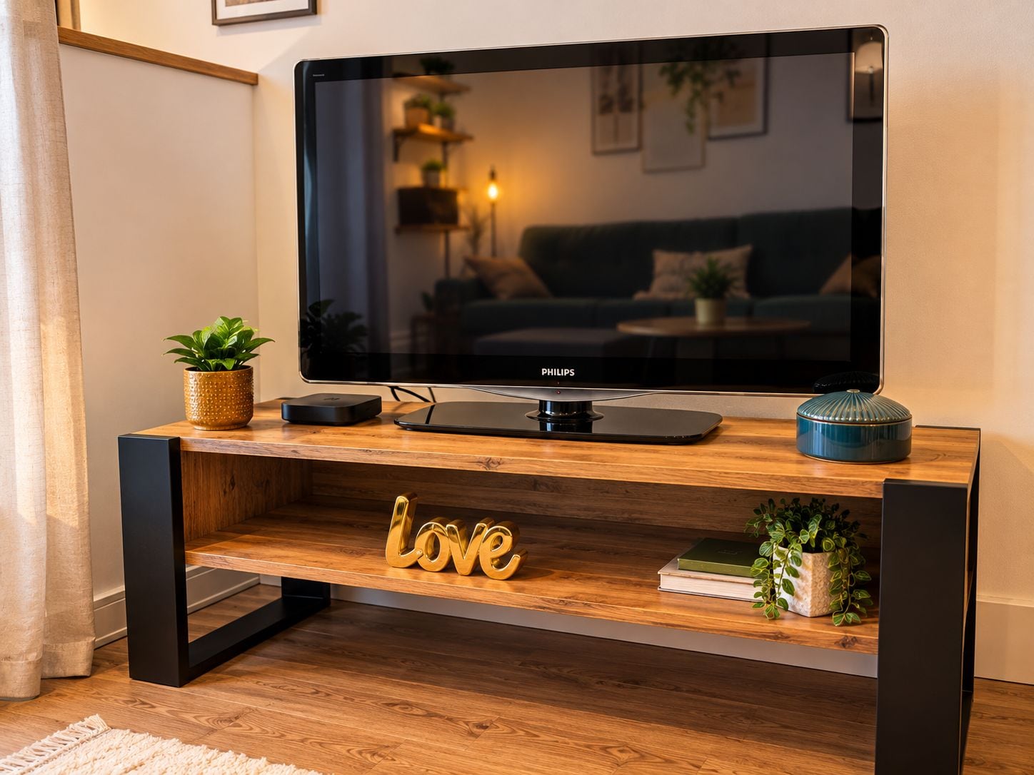 A modern living room with a flat-screen TV on a wooden stand, a small shelf with decorative items, and a 'Love' sign on the stand.