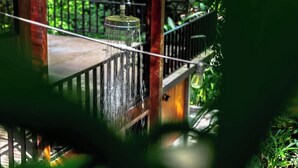 A wooden balcony with a metal railing and a water feature. - New years special! Your private jungle escape! (Quepos)