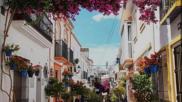 A narrow street lined with white buildings, balconies with black railings, and potted plants. - Newbuild apartment Estepona pool - beach - gym (Estepona)