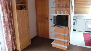 Ein kompakter Wohnraum mit Holztür, Fernseher auf einem Standfuß und Küchenzeile mit weißen Geräten.