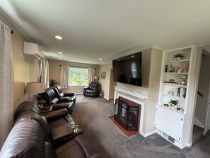 Smart TV, caminetto, libri