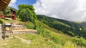A rustic wooden cabin with a deck and outdoor seating, surrounded by lush green hills and a forested mountain backdrop. - Gîte - HAUTELUCE - Alpine chalet (HAUTELUCE)