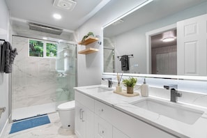 Shower, hair dryer, bidet, towels