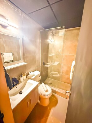 Een douche, een haardroger, handdoeken, zeep