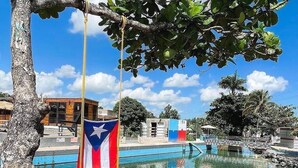 A clear pool with a flag, a swing, and a tree. - DtMF Experience at his Hometown in Vega Baja - Near Beach and Natural Springs! (Vega Baja)