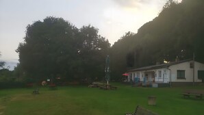 Ett grönområde med en bänk, picknickbord och en byggnad med skylten "Bistro".