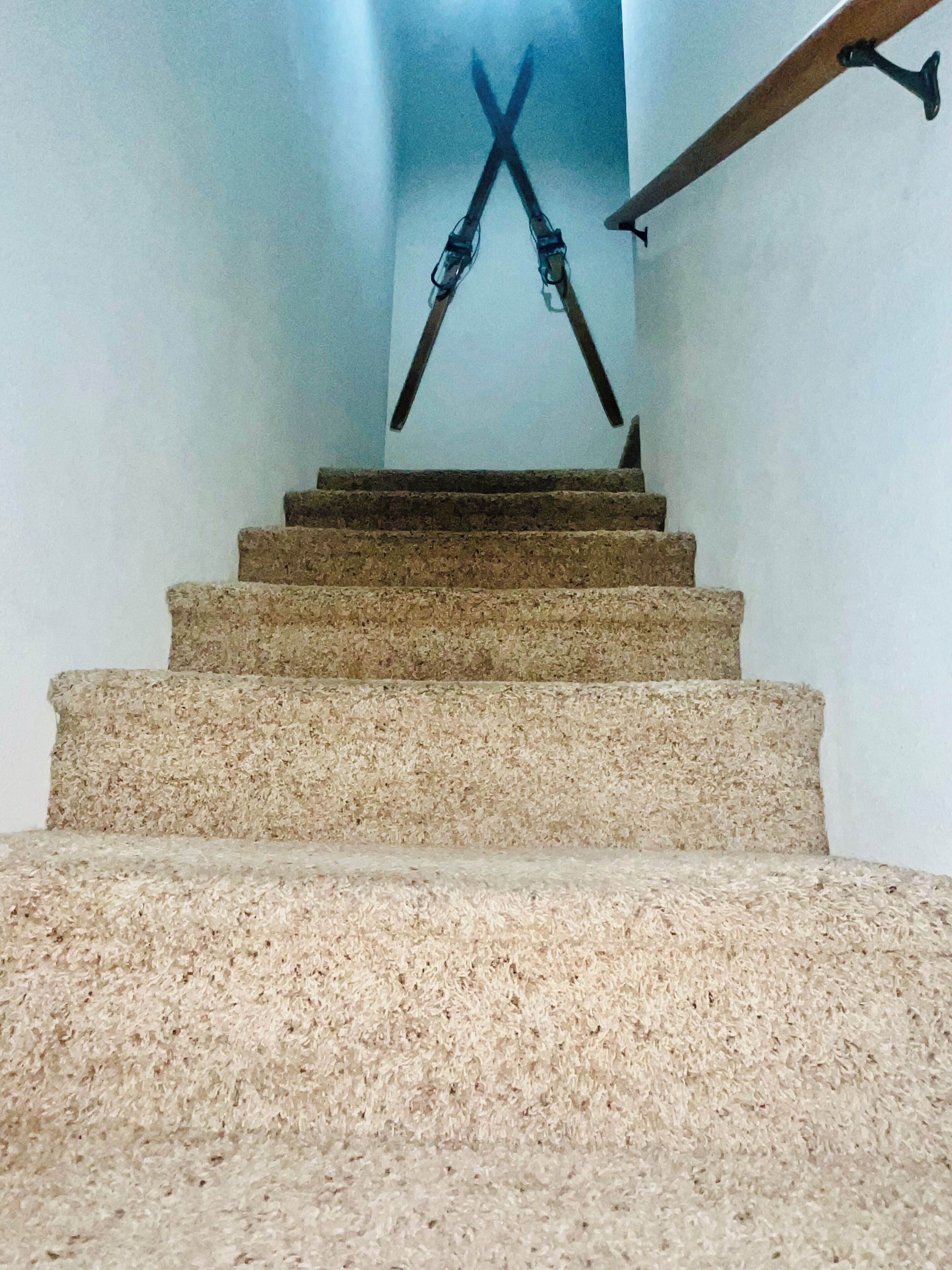 Escadaria revestida com carpete, com corrimão de madeira e guarda-corpo de metal preto à direita.