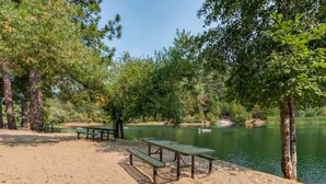Un área de picnic con bancos y una mesa junto a un lago, rodeada de árboles.