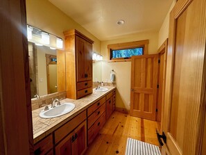 Hair dryer, towels, soap, toilet paper