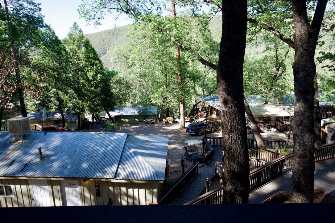 Un chalet rustique avec un toit en métal, entouré d’arbres et doté d’une terrasse en bois.