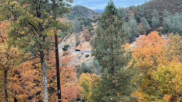A mountainous landscape with autumn foliage, a wooden cabin, and a utility pole.