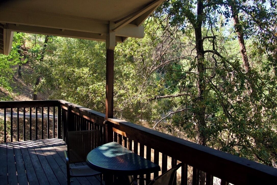 A wooden deck with a table and chairs, surrounded by trees.