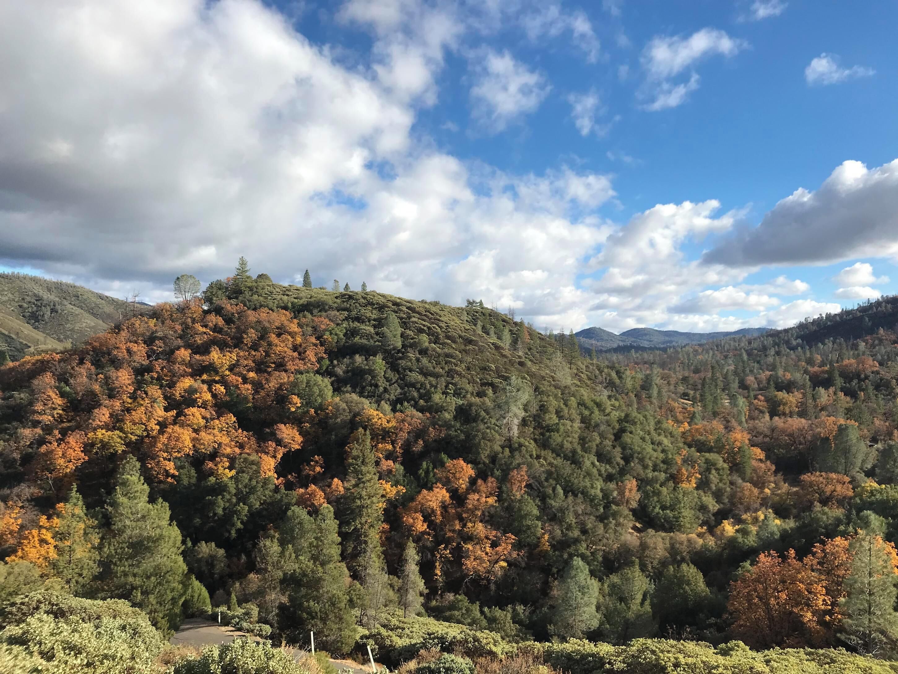 Un paisaje montañoso con follaje otoñal y cielo despejado.