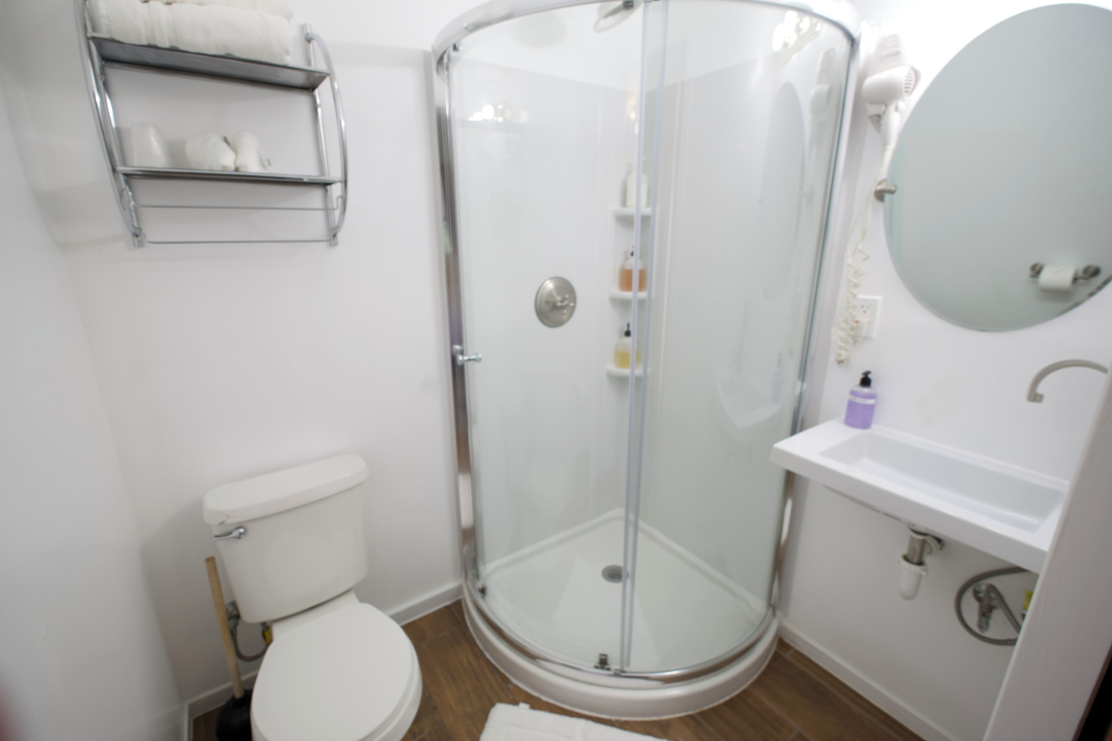 A bathroom with a toilet, a glass-enclosed shower, a sink, and a mirror.