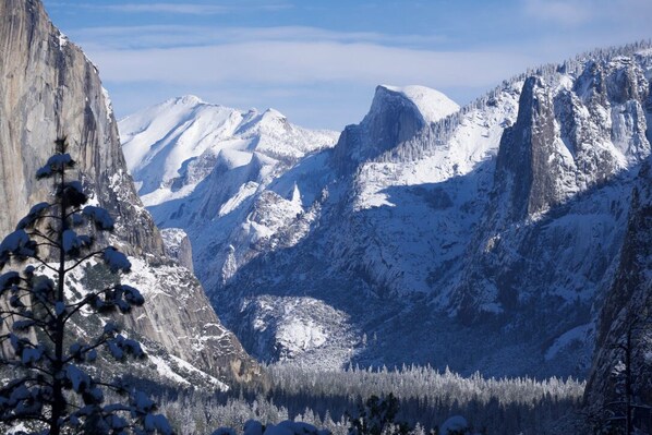 A mountainous landscape with snow-covered peaks and a forested valley.