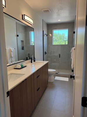 Hair dryer, towels, soap, toilet paper