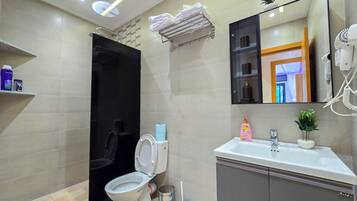 Ducha, secador de pelo, toallas, jabón