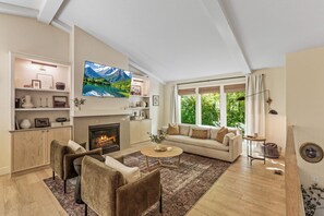 Smart TV, chimenea y libros