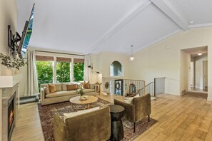 TV connectée, cheminée, livres