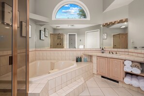 Jetted bath, hair dryer, towels, soap