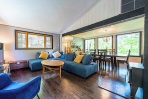 TV, fireplace, books, offices