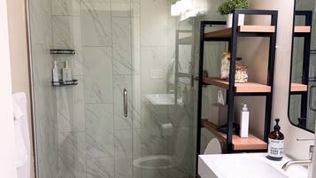 Hair dryer, towels, soap, shampoo