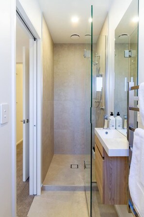 Hair dryer, towels, soap, shampoo
