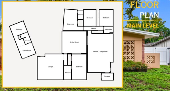 Un plan d’étage d’une maison comprenant un rez-de-chaussée avec des chambres, un salon, une cuisine, un garage et une entrée.