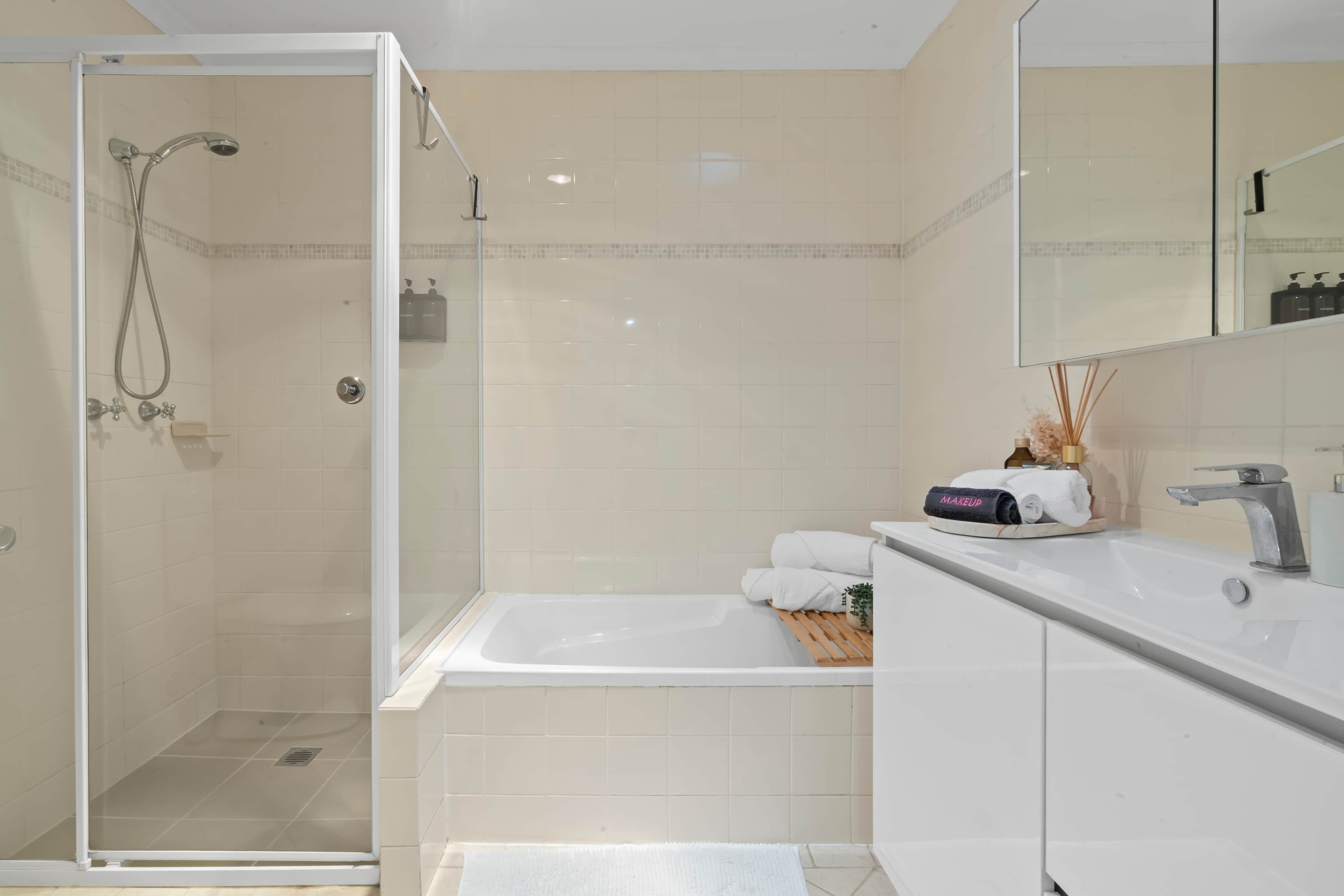 Hair dryer, towels, soap, shampoo