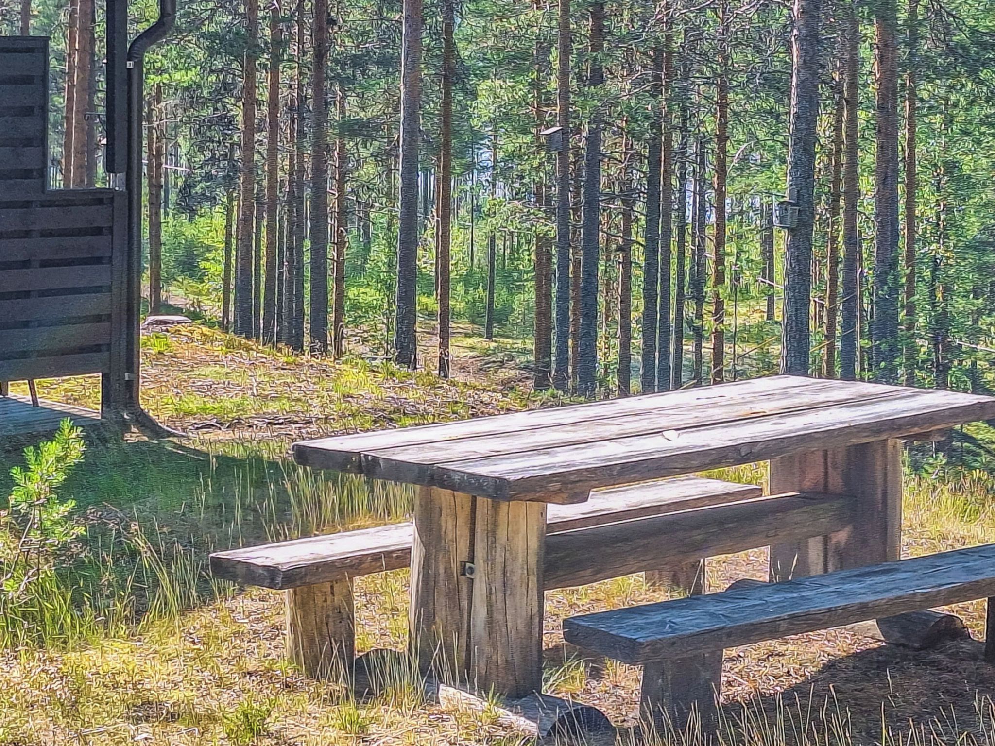 Een houten picknicktafel met bankjes in een bebost gebied.