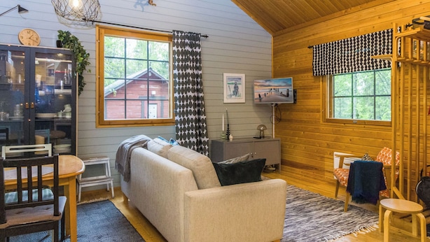 Et hyggeligt sommerhusindretning med sofa, spisebord og fjernsyn.