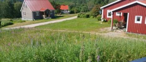 Un paysage rural avec une grange rouge et une maison au toit rouge, entourés de verdure et de collines.
