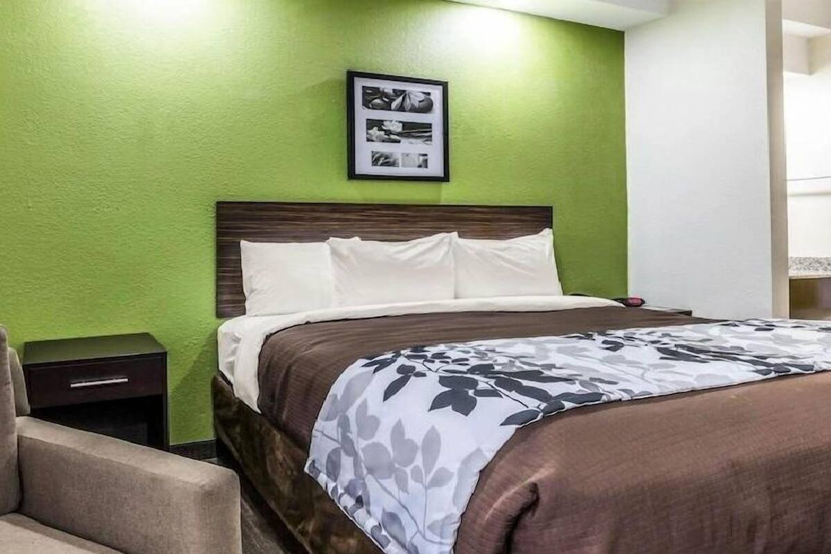 Ein Hotelzimmer mit grüner Wand, einem Bett mit floralem Überwurf, einem Nachttisch und einem Sessel.