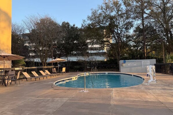 A swimming pool with lounge chairs and umbrellas, surrounded by trees and a building in the background. - Wingate by Wyndham Jacksonville FL (Jacksonville)