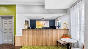 Un área de recepción con un mostrador de madera, una zona de estar con una mesa redonda y un amplio ventanal con cortinas translúcidas.