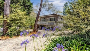 A modern house with a deck, surrounded by dense greenery and flowering plants.