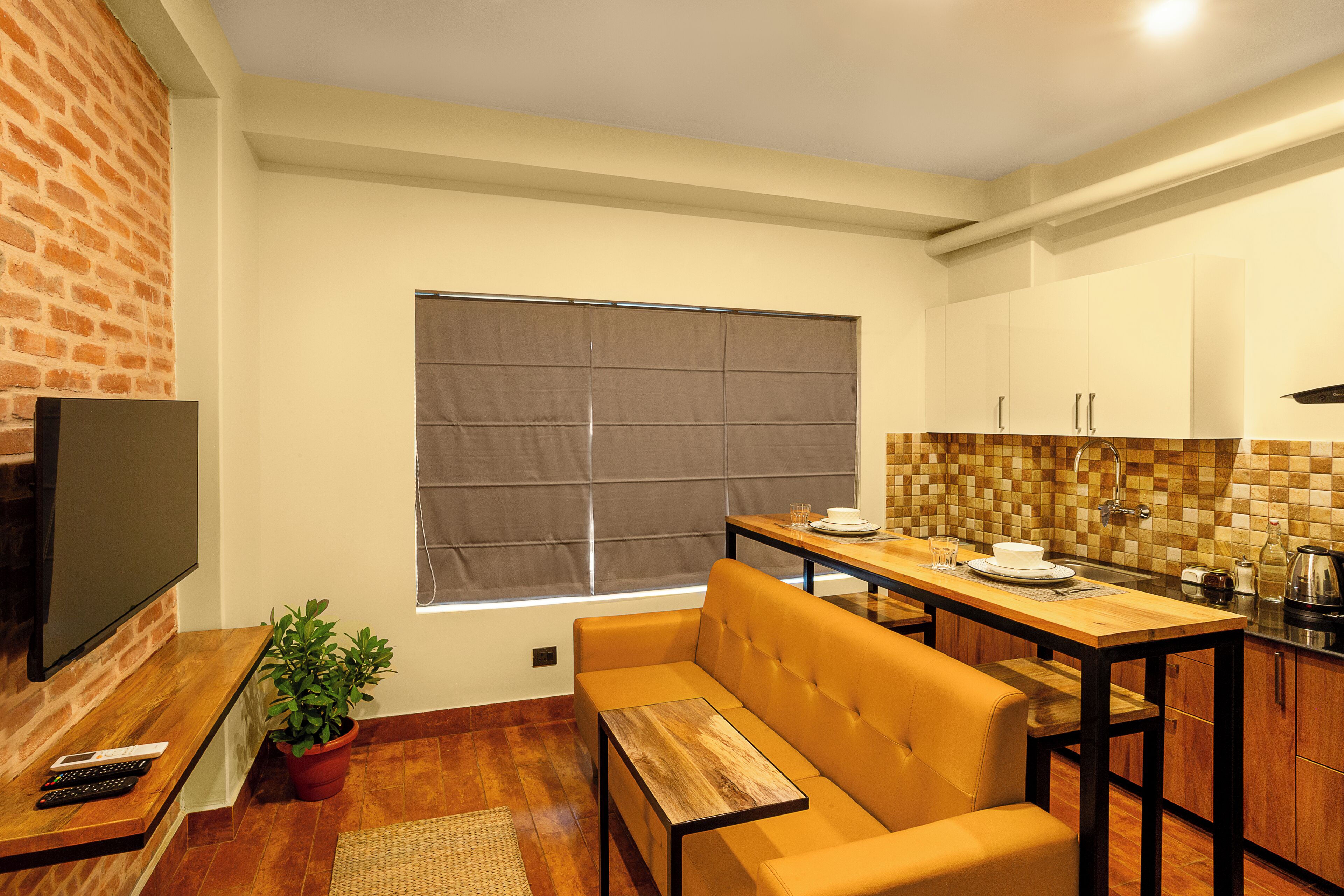 A compact kitchen with a dining area, a sofa, a TV, and a potted plant.