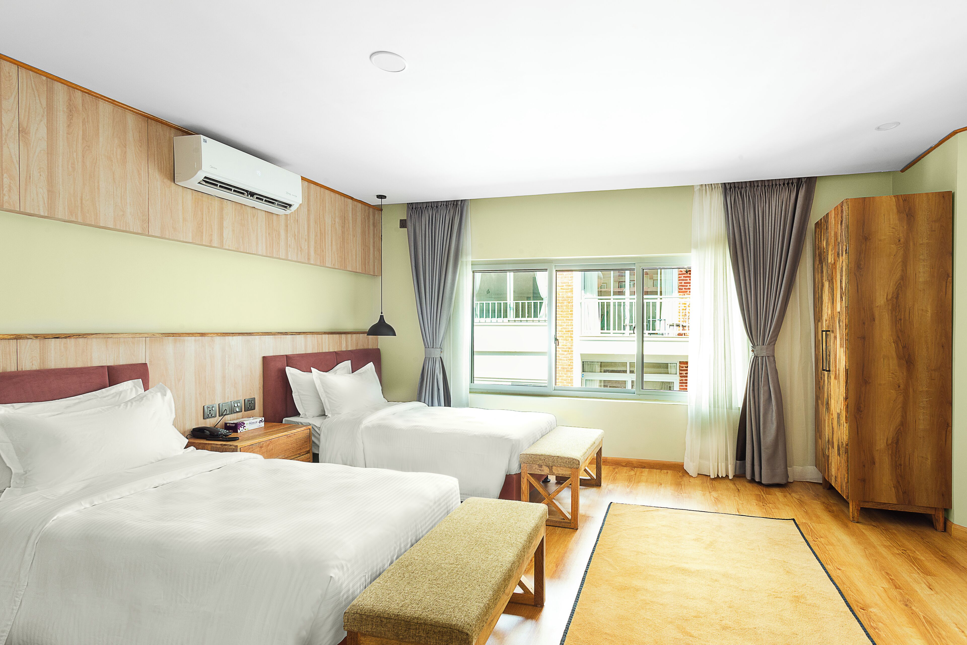 Desk, laptop workspace, blackout curtains, free WiFi