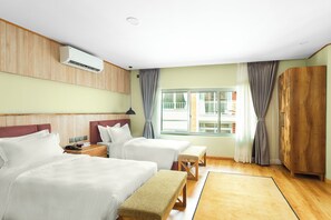 Desk, laptop workspace, blackout curtains, free WiFi