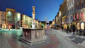 A square with a central fountain, surrounded by historic buildings with shops and cafes. - Apartment in Linz Near Danube Promenade (Linz)