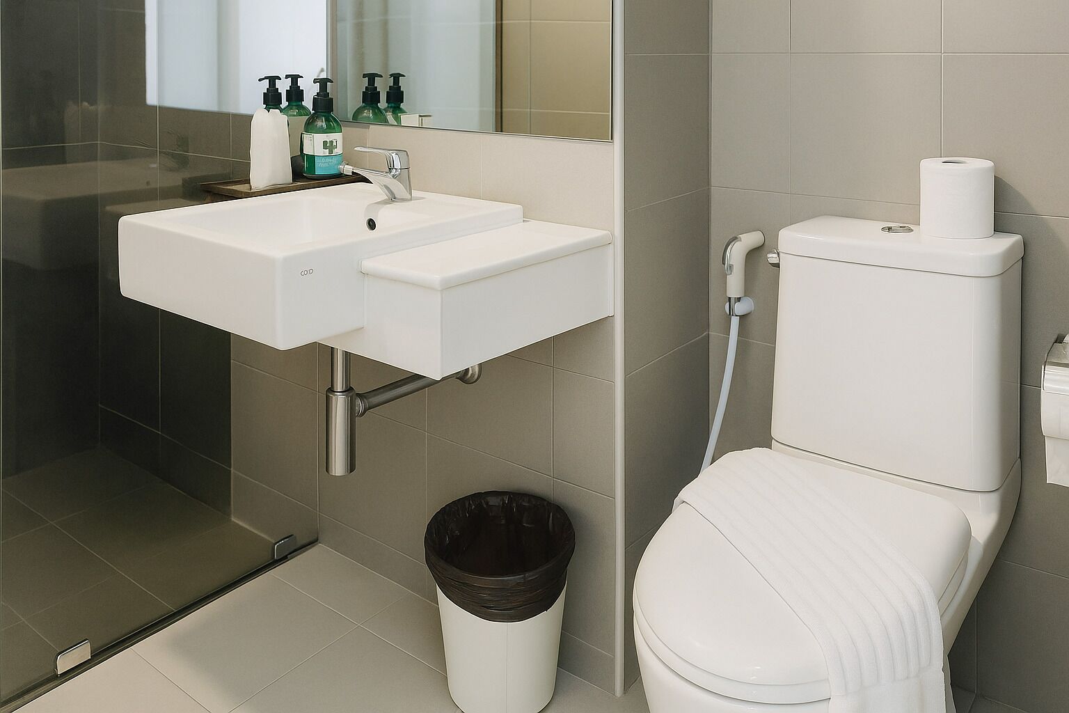 A modern bathroom with a white sink, toilet, and shower.