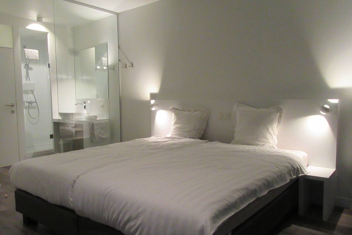 A modern bedroom with a large bed, bedside tables, and a glass-enclosed bathroom.