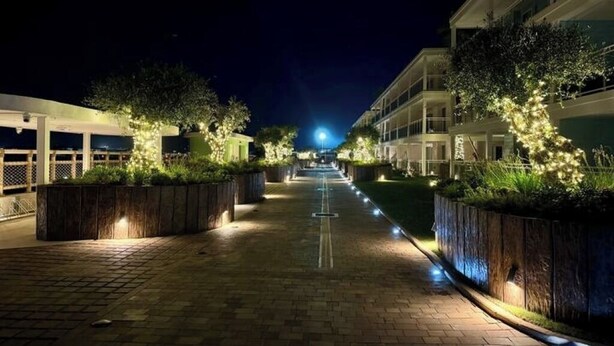 A nighttime corridor with a paved walkway, lined with planters and illuminated by street lighting.