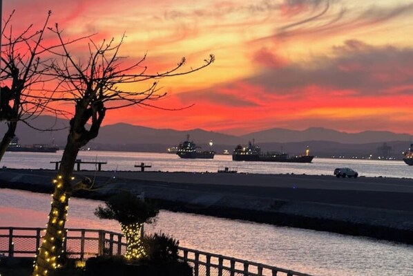 Vista al atardecer con barcos en el agua, un muelle y un árbol con luces.